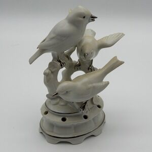 Vintage Porcelain Three Birds on Branch Figurine Cream Silver Accents Glazed